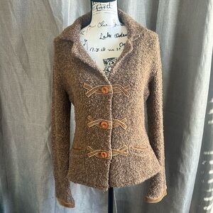 Anthropologie HWR Brown Boucle Knit Gold Velvet Trim Fitted Cardigan Sweater M